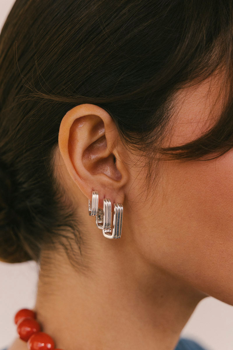 Triple Textured Ovate Hoops Set Silver