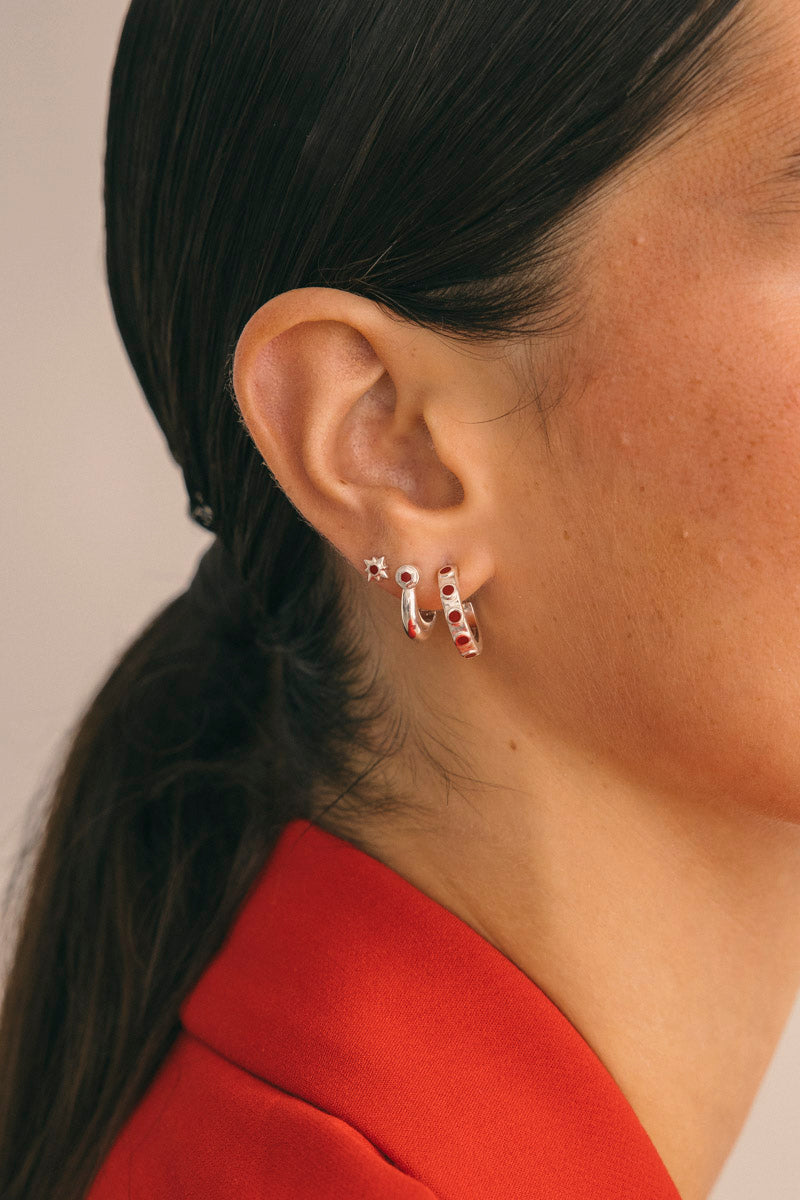Red Detailed Hoop Silver