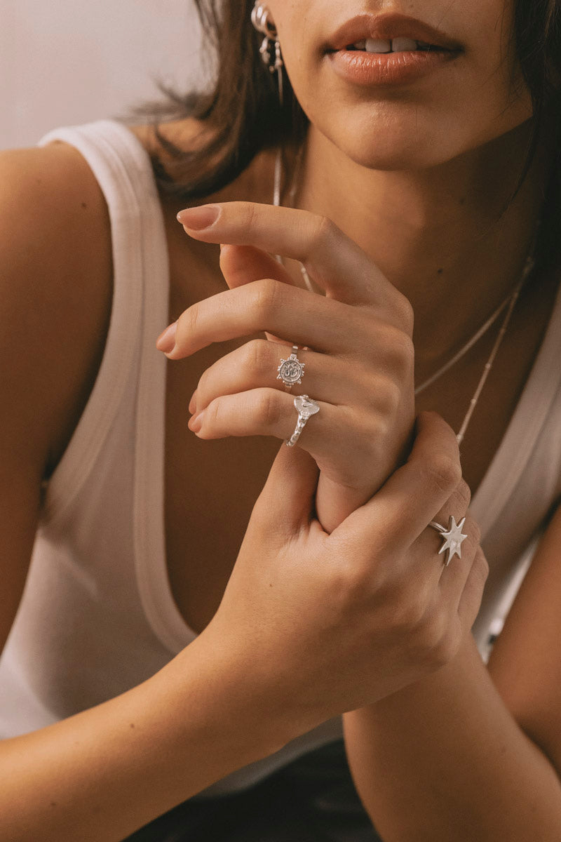 Heart Compass Pinky Ring Silver
