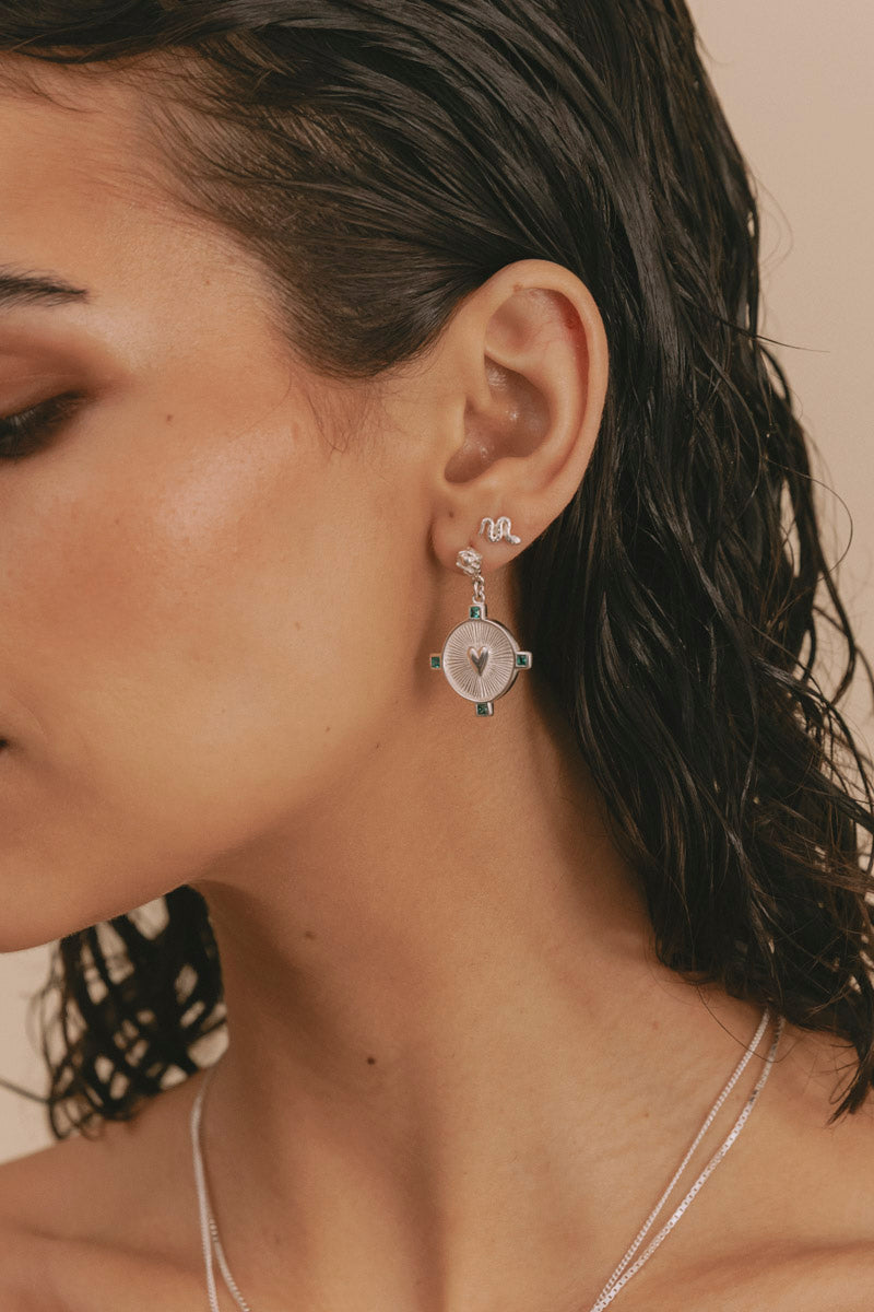 Heart Compass Earrings Silver