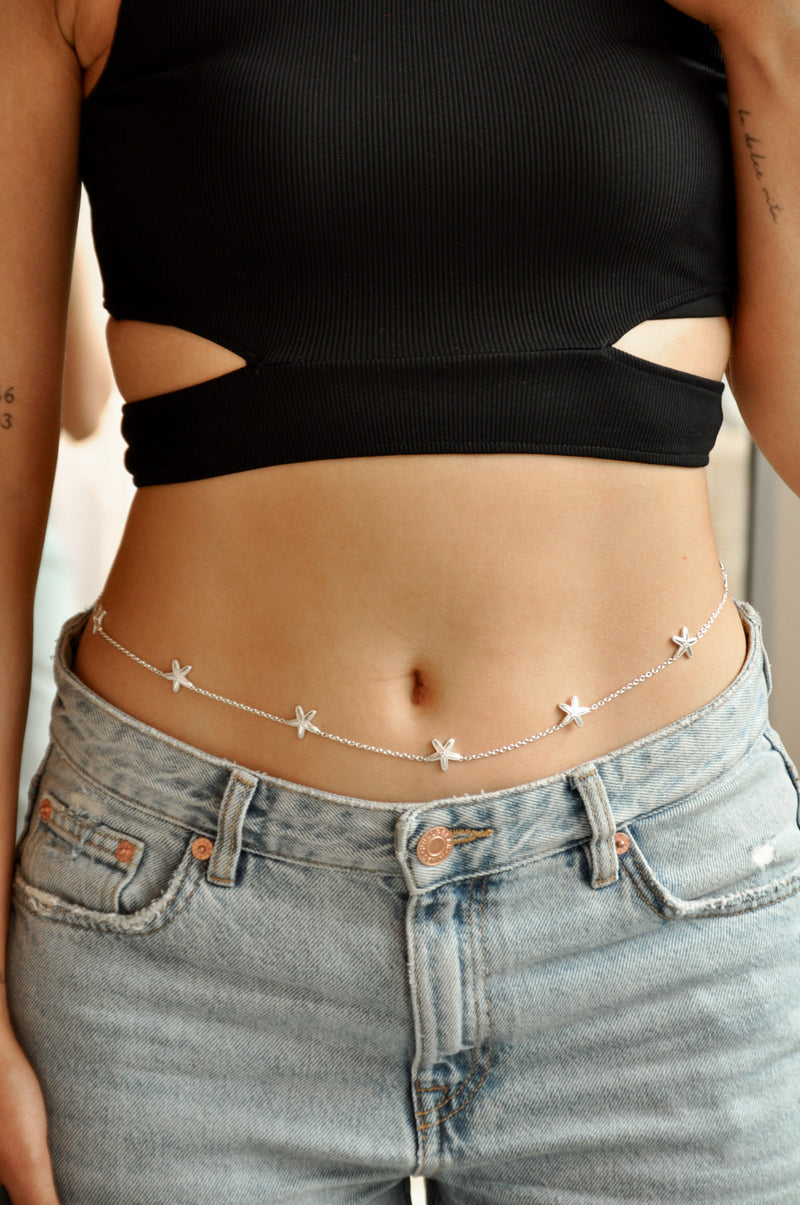 Pearl belly chain silver